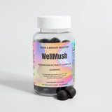 WellMush mushroom extract complex gummies packer bottle with some gummies around