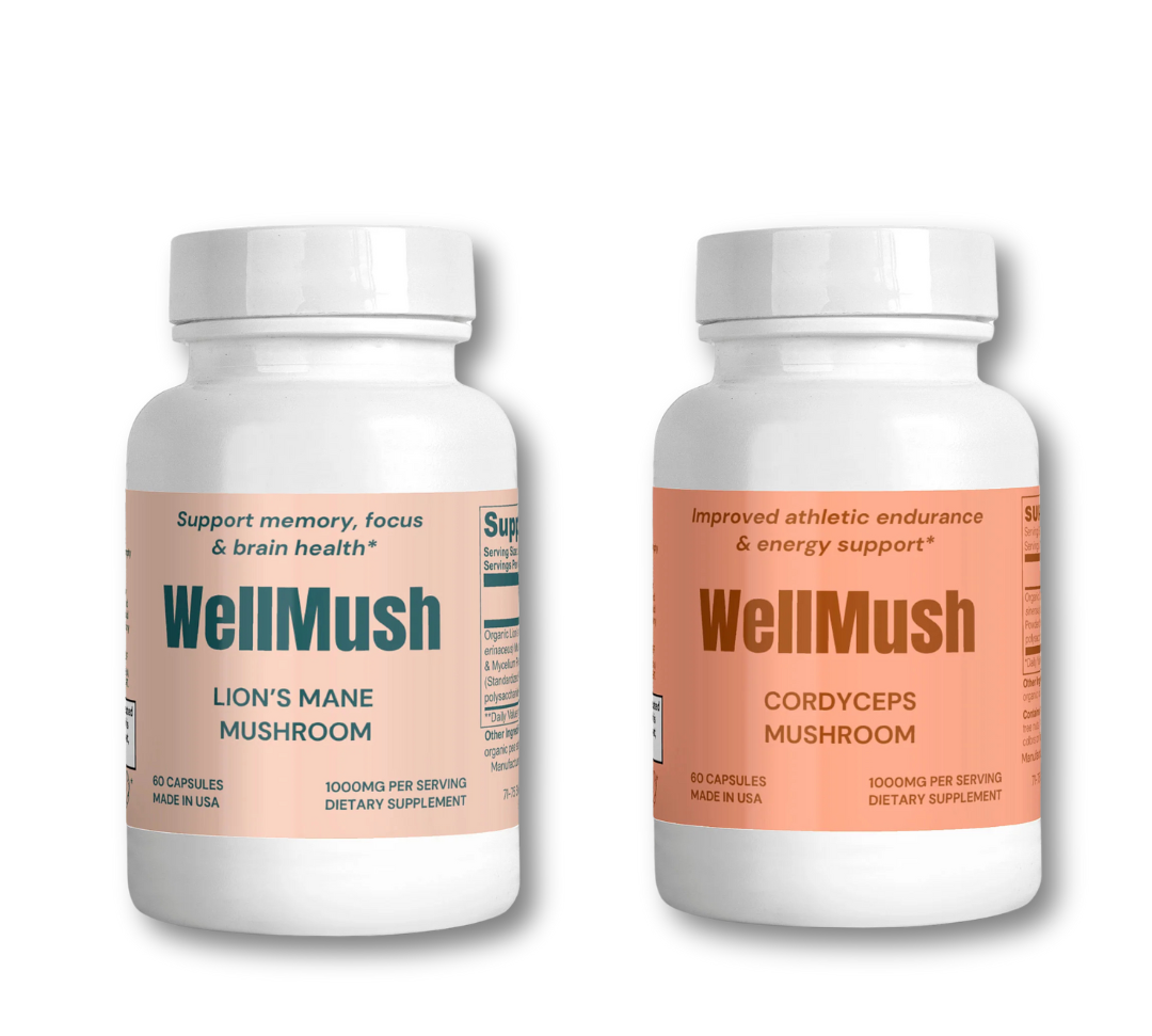 Lion's mane and Cordyceps bottles with white background