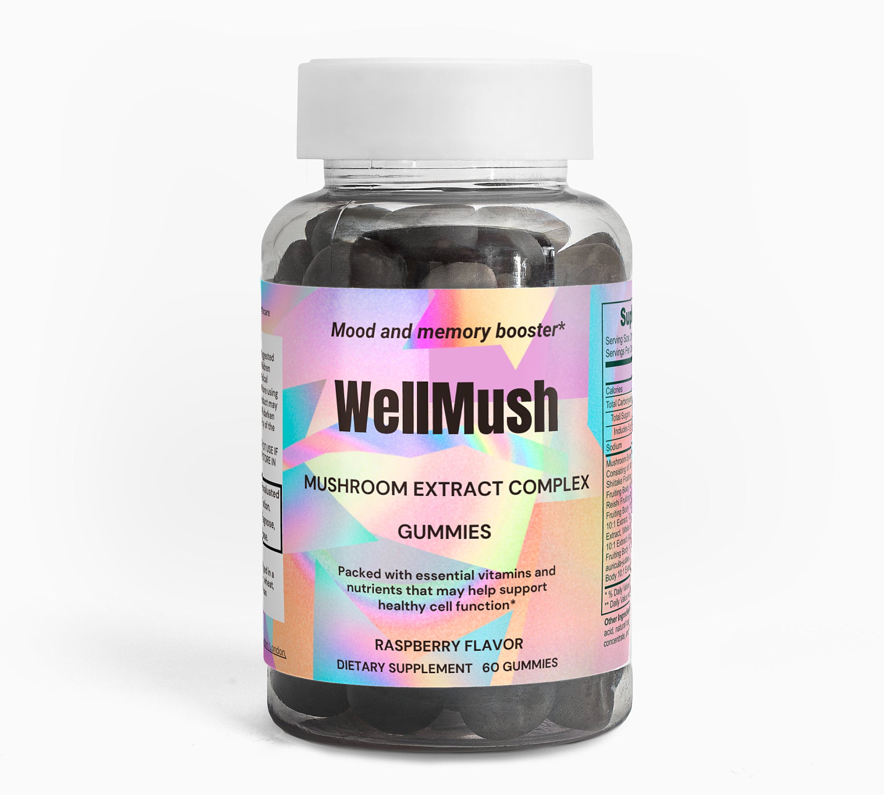 Wellmush Mushroom Rasberry Gummies supplement jar with white background
