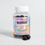 Wellmush Mushroom Raspberry Gummies jar with white background and 2 gummies in front of it