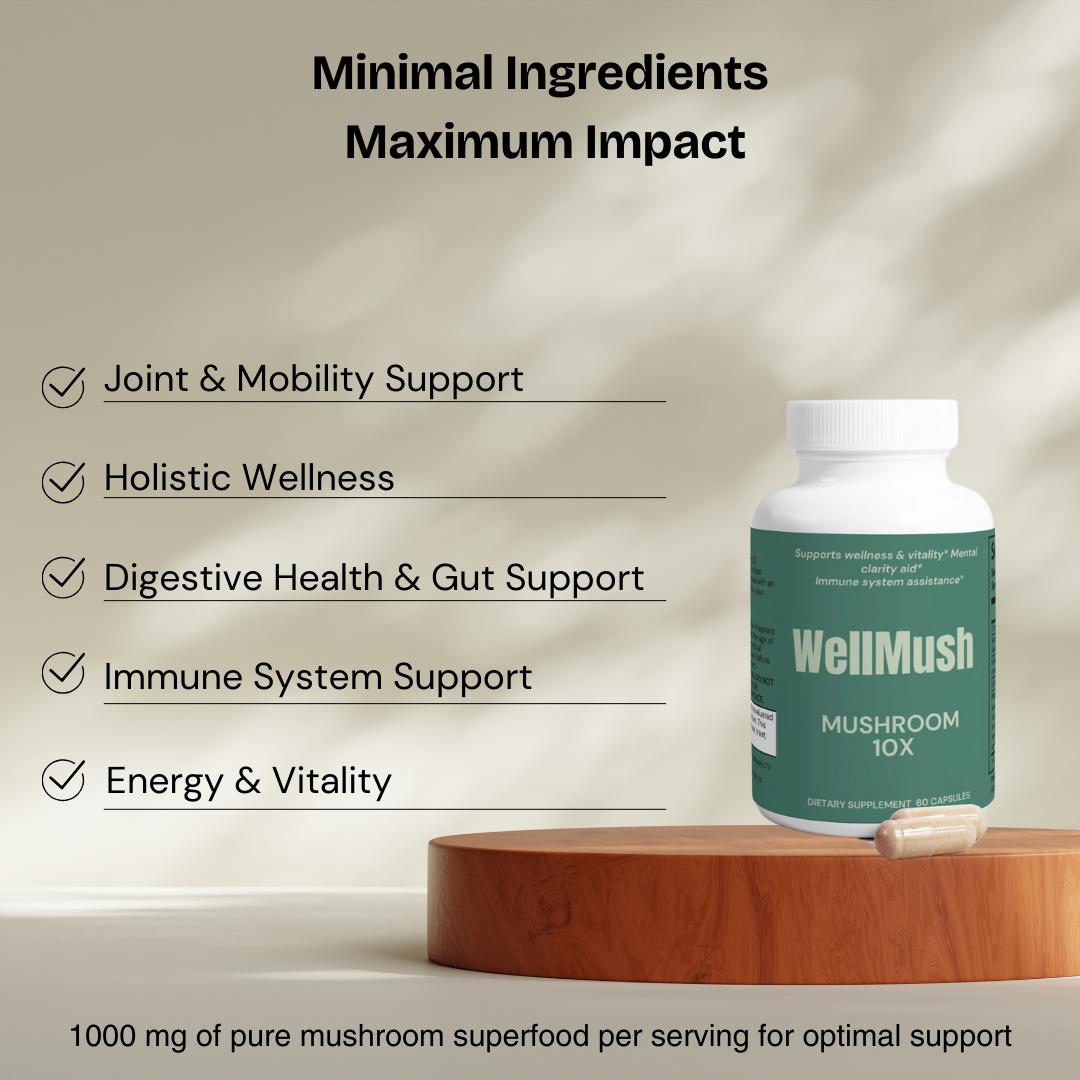 mushroom 10x bulletpoint 5 benefits elenctated with the bottle on the side 
