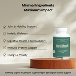 mushroom 10x bulletpoint 5 benefits elenctated with the bottle on the side 