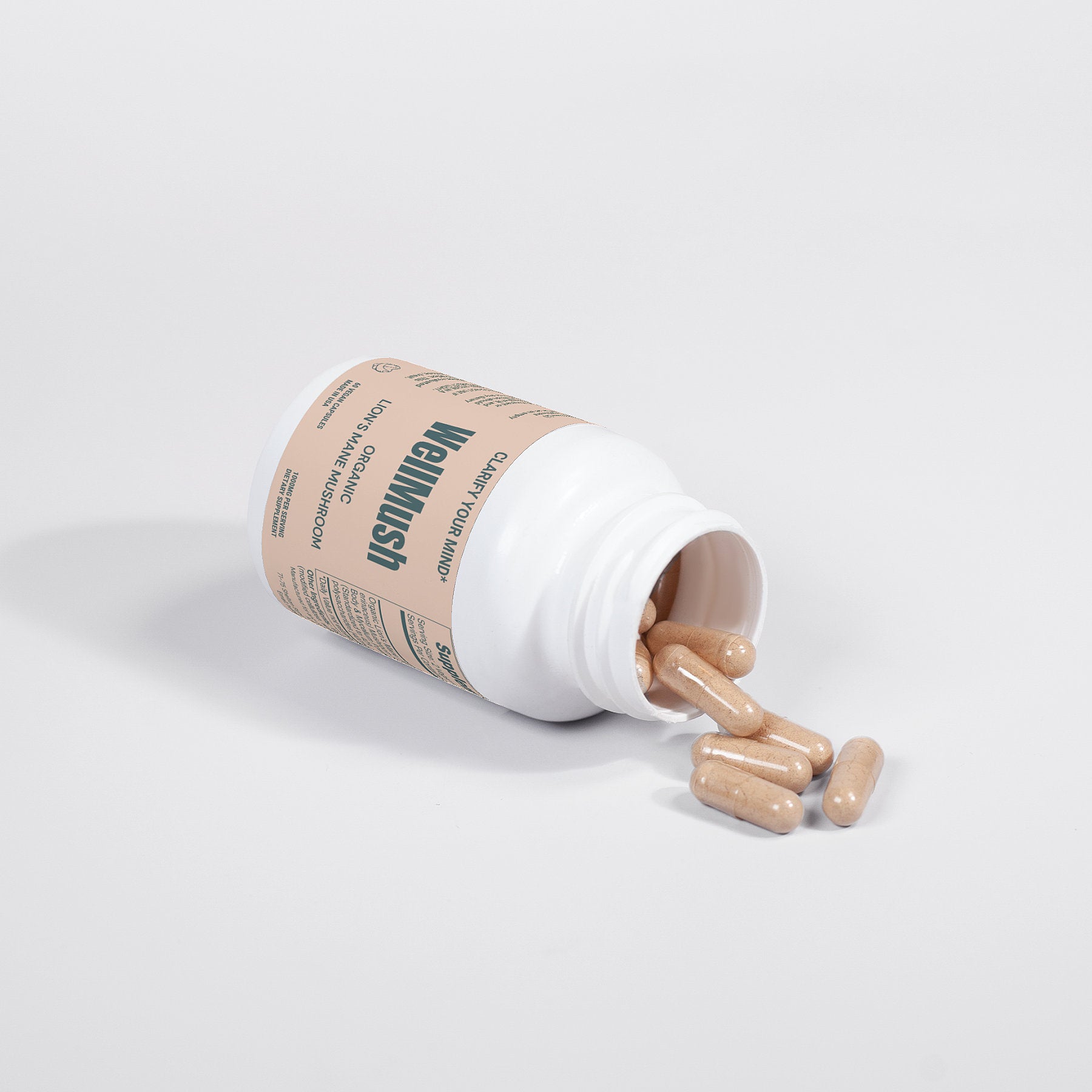 WellMush Organic Lion's Mane Mushroom packer bottle with opened cork and some capsules around